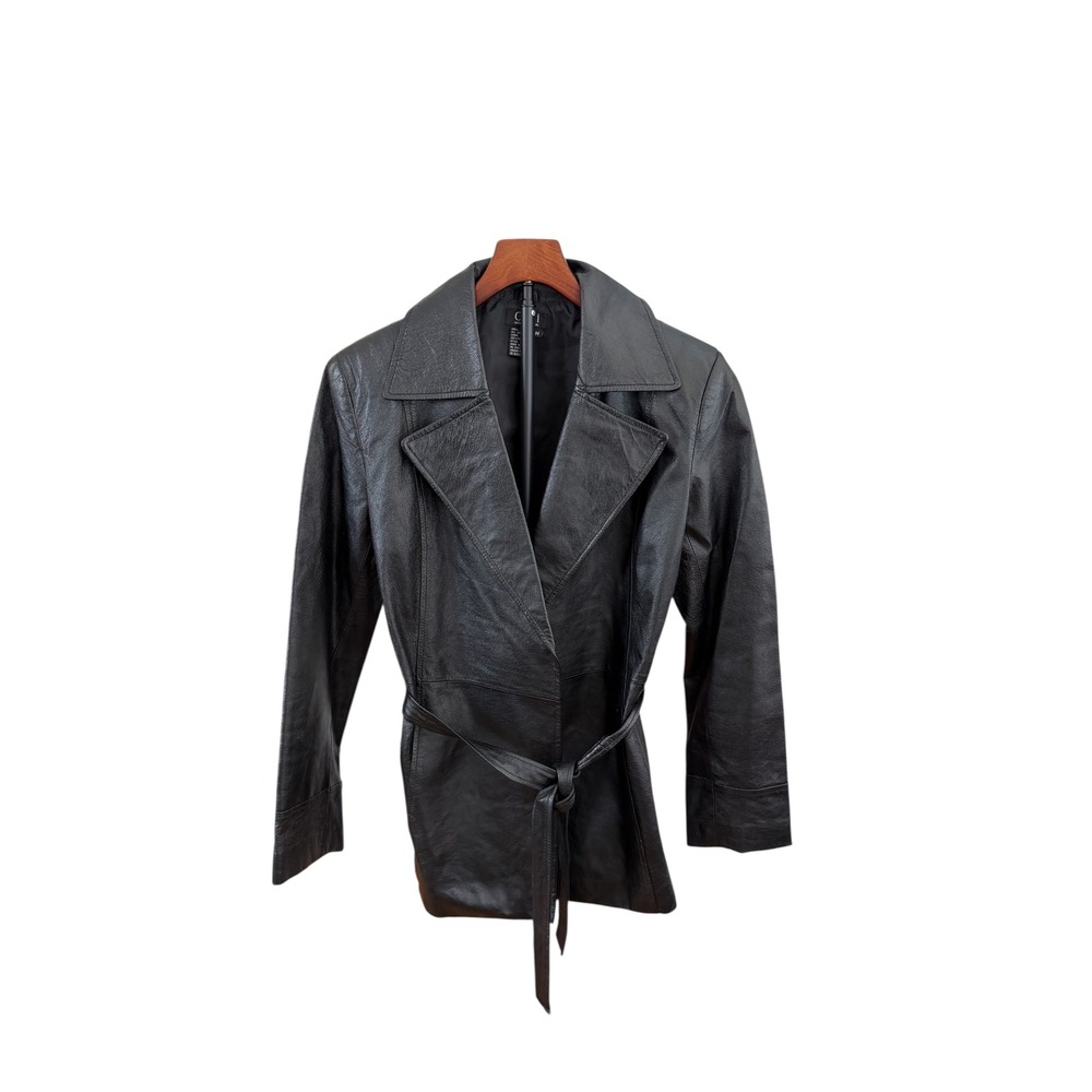 Vtg 90s Cami International Black‎ Leather Belted Jacket Womens crop trench sz m